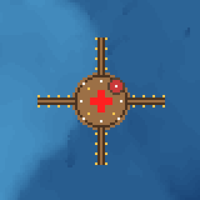 Top-down view of the spawn harbor: a round wooden plaza with four lantern-lined docks and a red-roofed lighthouse.