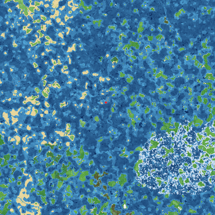 Top-down map of the whole HighestSeas world: blue ocean with over 1,500 islands, sandy desert isles to the west, green islands to the east, mangrove swamps in the south and a frozen sea in the south-east.
